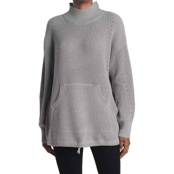 New RDI XS Oversized Gray Mock Neck Kangaroo Pocket Ribbed Tunic Sweater NWT - Picture 1 of 2